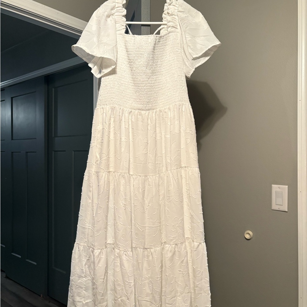 Amazon White Midi Dress with Puff Sleeves